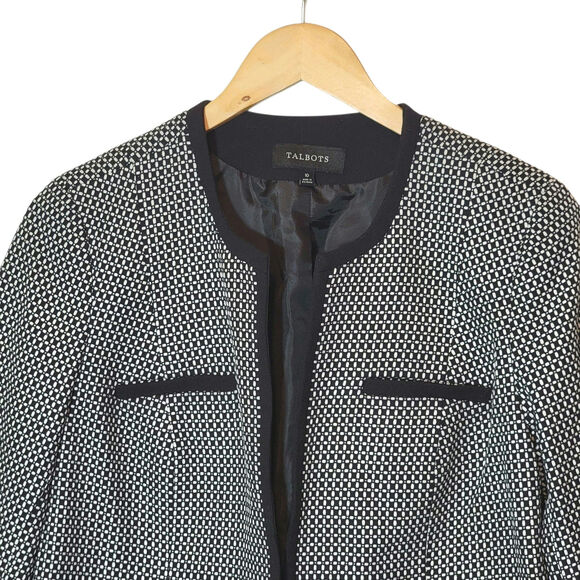 Talbots Black White Print Collarless Open Blazer Office Career Classic Jacket 10 - Picture 2 of 16